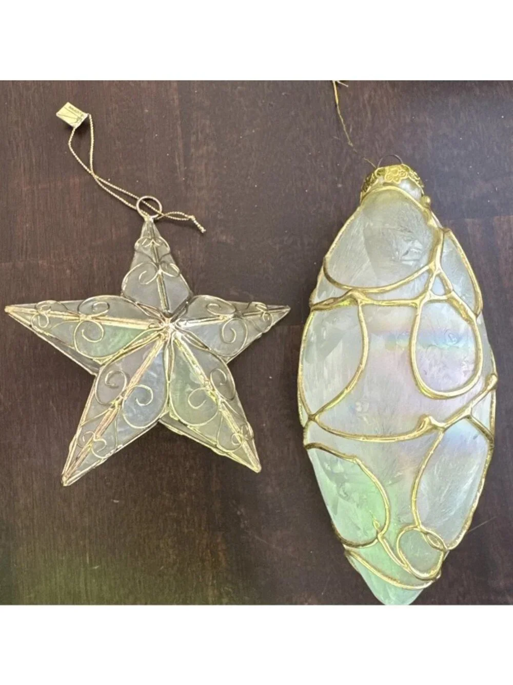 Vintage Star/Oval Capiz Shell Ornaments Christmas 3D Gold Tone Filigree Philipin